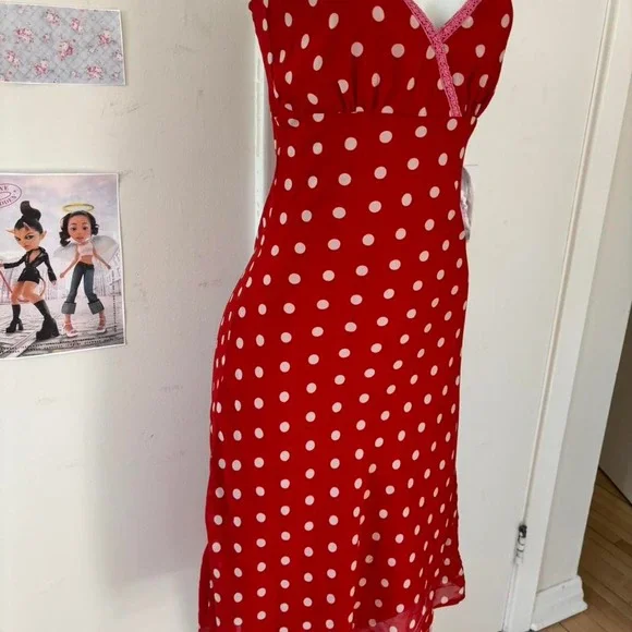 Vera Moda 90s Red Polka Dot Lace Trim Midi Slip Dress Small - Picture 2 of 7